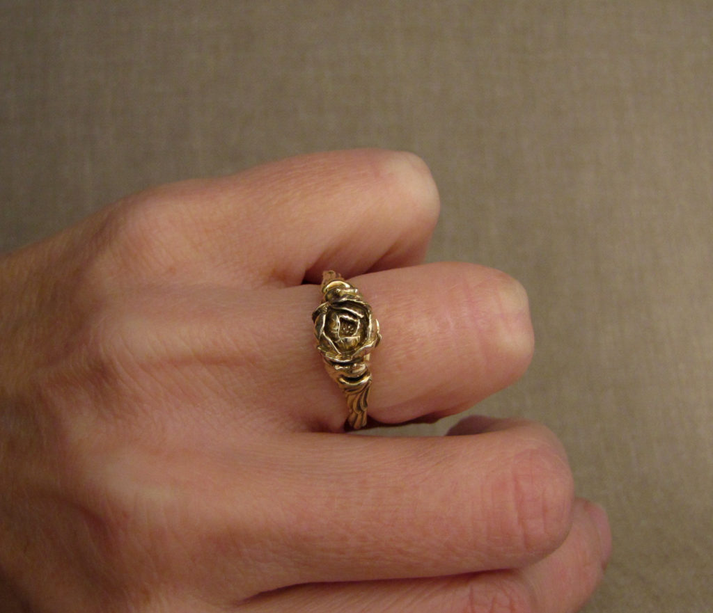 Custom designed & carved Phoenix & Peony Solitaire, 14K yellow gold