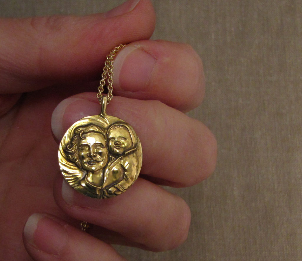 Hand carved mother & baby portrait, 14K yellow gold pendant. 