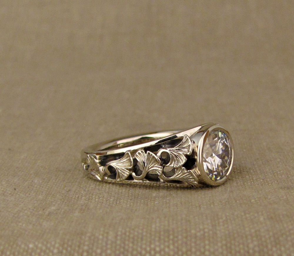 Custom designed & hand-carved Ginkgo Solitaire with 2ct stone, 18K white gold.