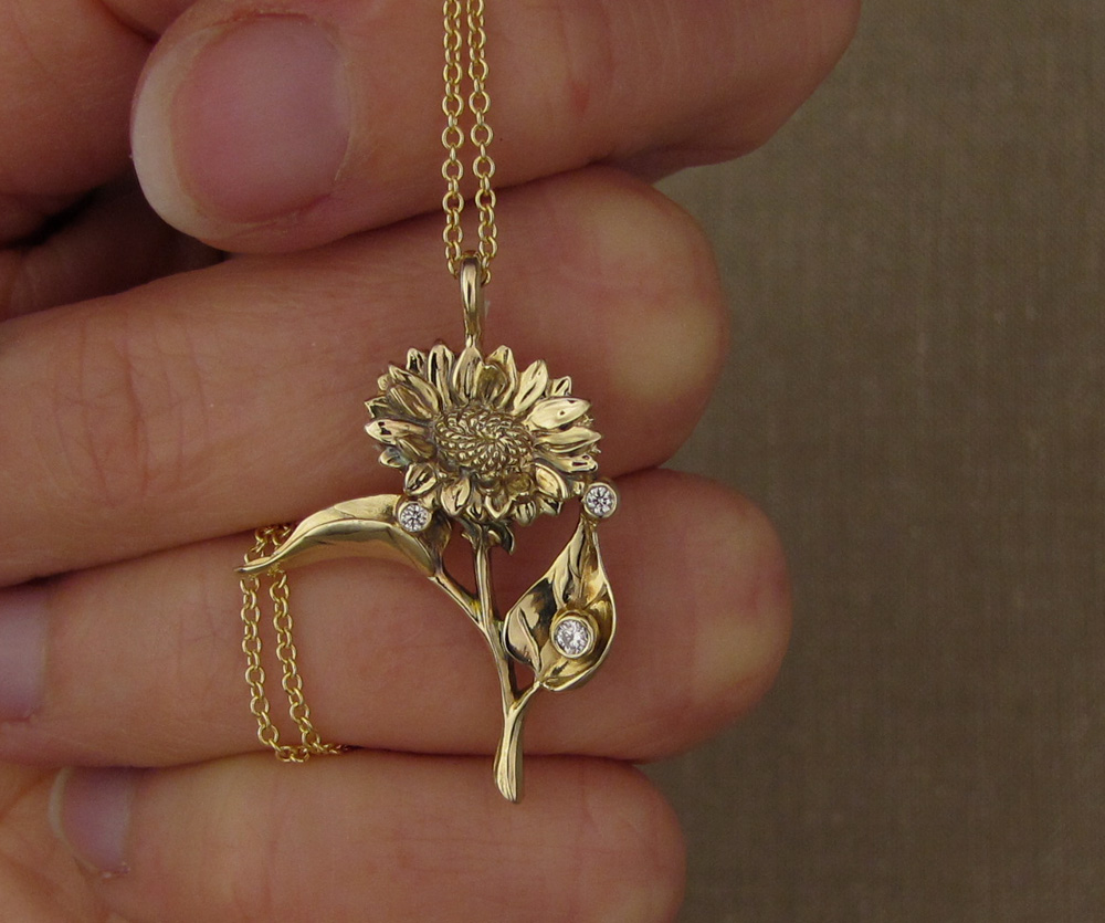 Custom-designed & hand-carved Sunflower pendant with diamonds, 14K yellow gold.