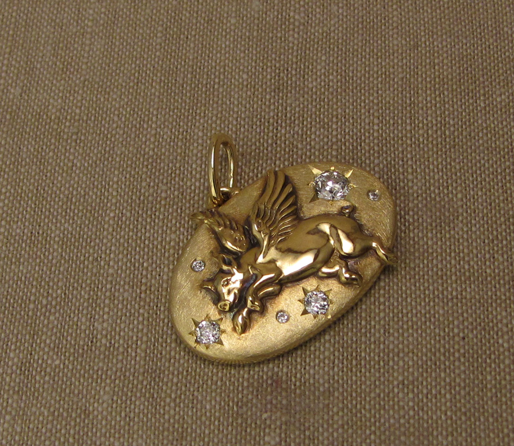 Custom-designed & hand-carved Flying Pig pendant with antique Old European cut diamonds, 18K gold.