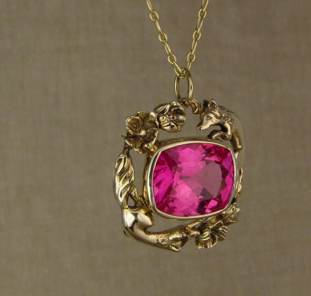 Custom designed & hand carved foxes & poppies pendant with pink sapphire, 14K gold