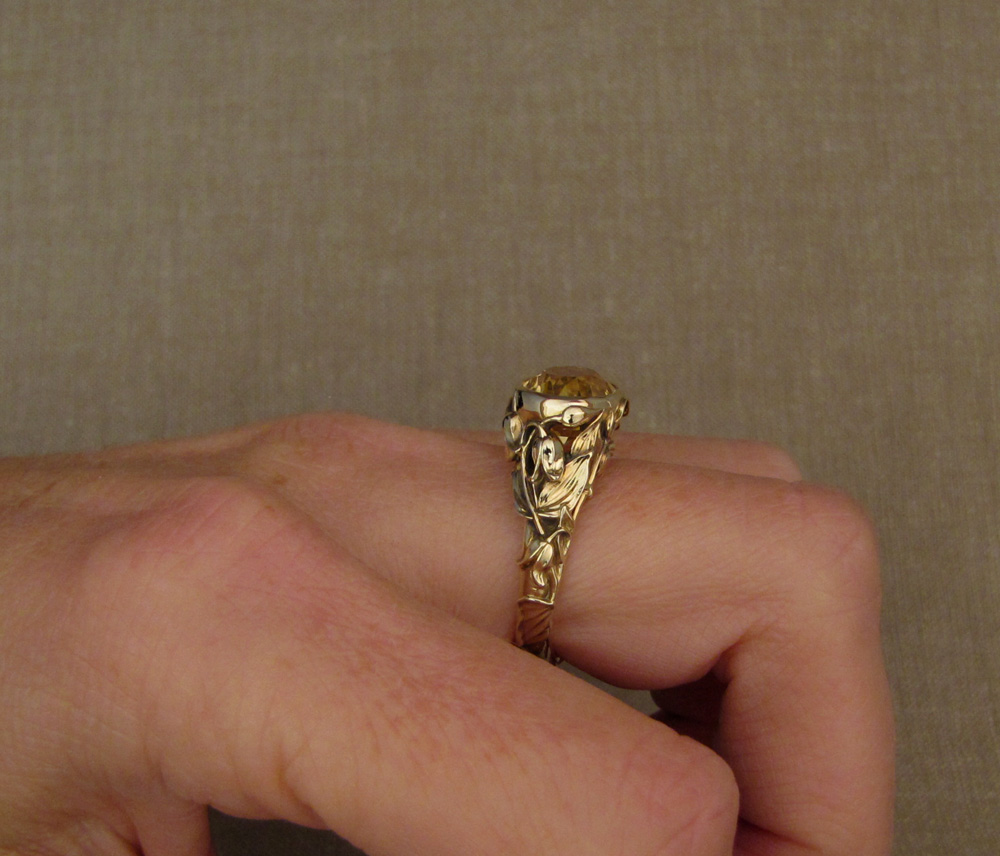 Custom designed & hand-carved citrine solitaire with clematic flower motif, 14K yellow gold