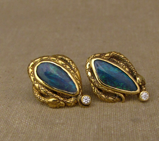 Custom designed & hand-carved snake & australian black opal & diamond earrings 