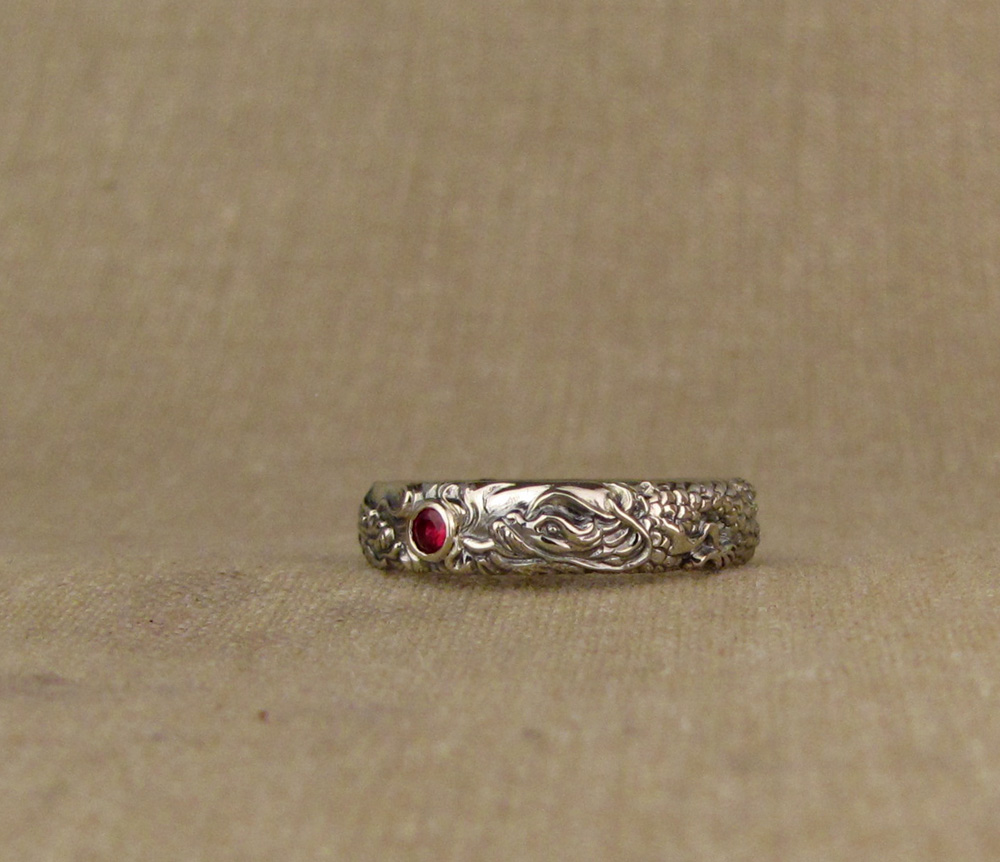 Custom designed & hand carved Chinese Dragons, peony leaves, with ruby orb wedding bands, 14K white gold