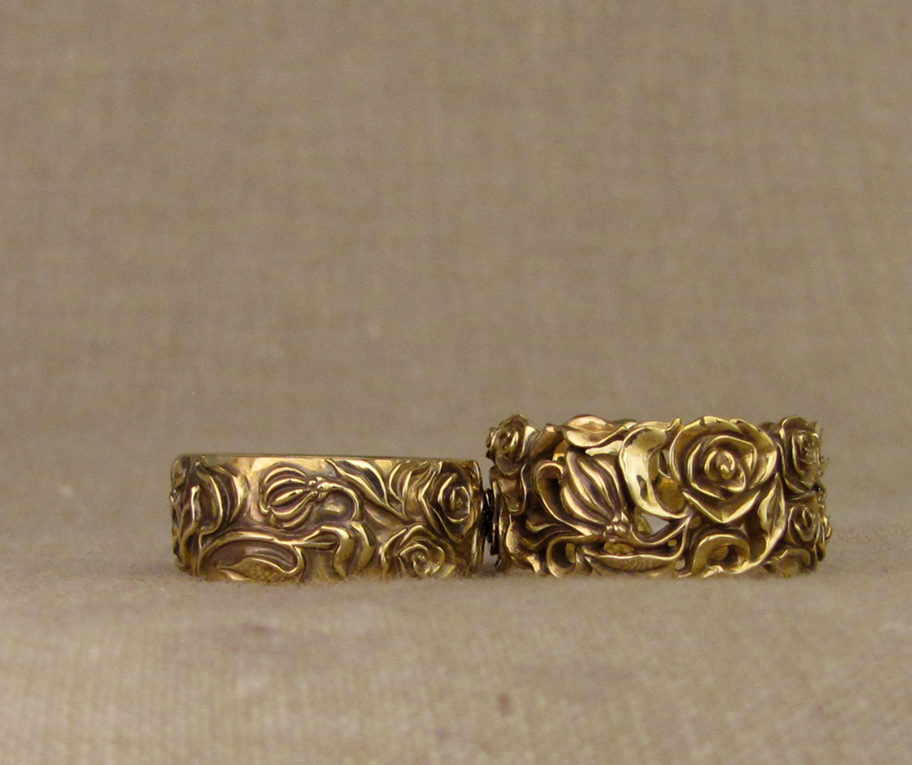 Custom designed and hand carved Rose and Honeysuckle Wedding Band, 18K yellow gold