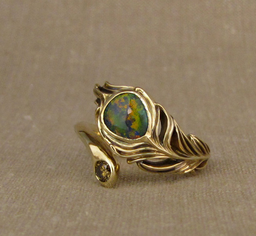 Custom designed & hand-carved Peacock Feather with Black Opal and diamond, 18K gold