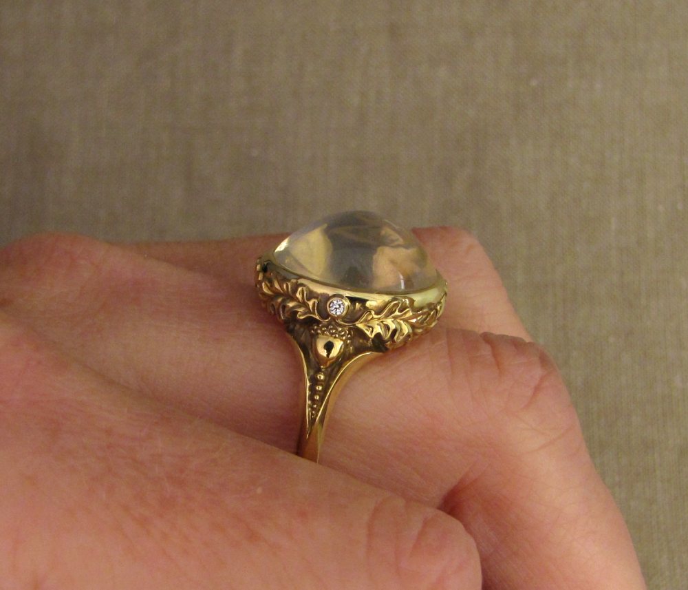 Custom designed & hand-carved Oak leaves & acorns Moonstone & diamonds ring, 18K. Art Deco and Art Nouveau