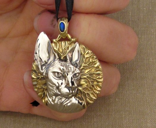 Custom designed Sphinx Cat pendant with Australian Opal and diamonds, 18K and 14K gold.