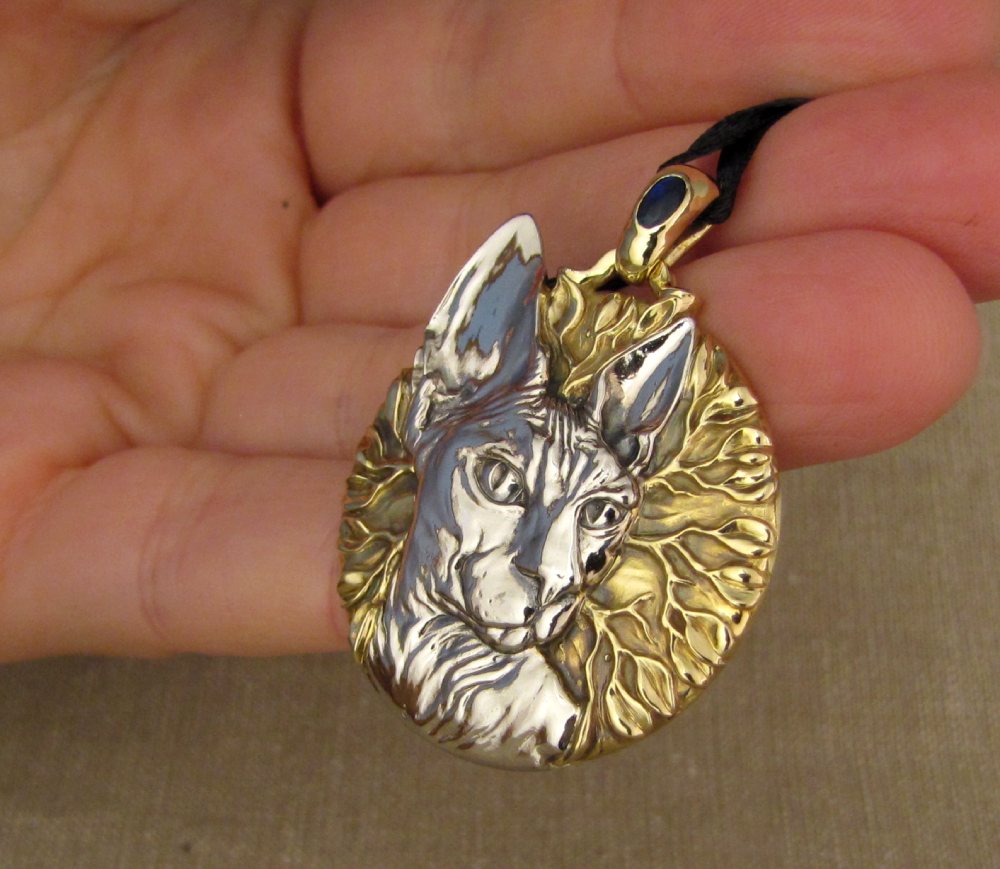 Custom designed Sphinx Cat pendant with Australian Opal and diamonds, 18K and 14K gold.