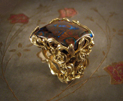 carved rosebush ring, boulder opal in 18K gold