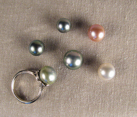 Tahitian, South Sea, and Chinese Pearls; 18K white gold ring with Tahitian pearl