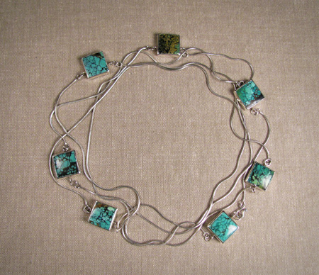 Square Chinese turquoise and silver long wrap necklace