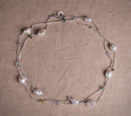Tourmaline, aquamarine, and freshwater chinese keshi pearl necklace