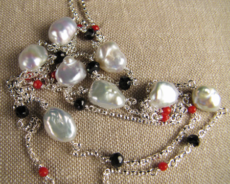 Black spinel, coral, and freshwater chinese keshi pearl necklace