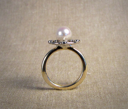 Two-tone 14K, diamond, Japanese Akoya pearl, art deco inspired ring