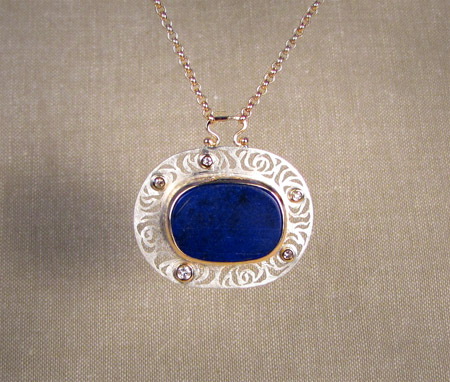 14K gold, sterling silver, diamond and lapis rose pendant