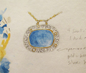 "watercolor and pencil rendering: 14K, silver, diamond, lapis pendant