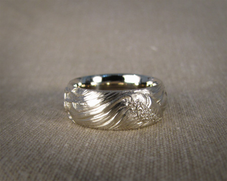 18K white gold hand-carved ocean & tree ring