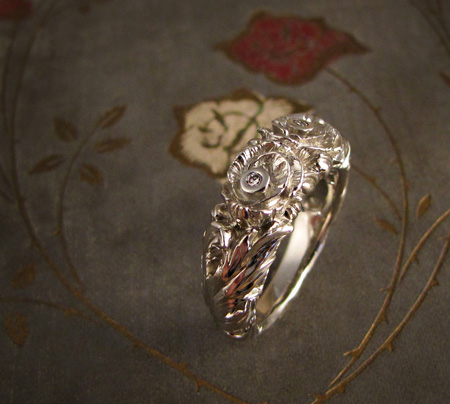 14K white gold and diamond carved poppy ring