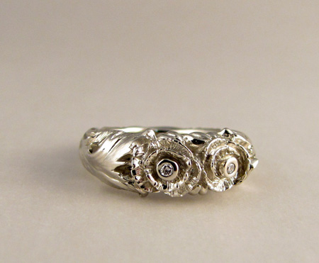 14K white gold and diamond carved poppy ring