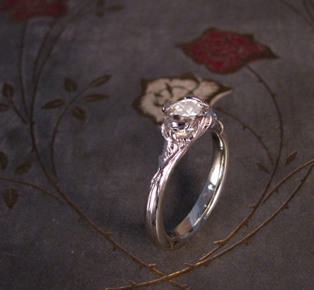18K white gold mistletoe solitaire with old-cut diamond