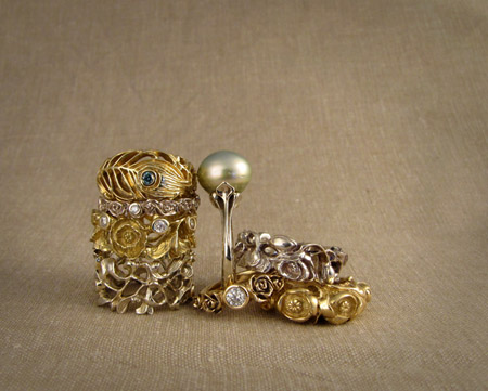 18K white and yellow gold, palladium, pearl, & diamond rings
