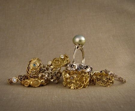 18K gold, palladium, pearl, and diamond rings