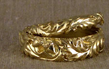 hand-carved oak leaf bands, 18K gold