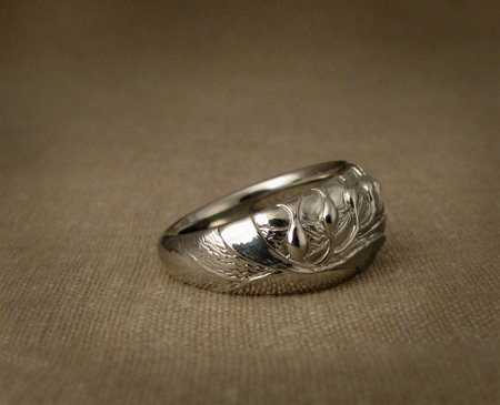 Hand-carved giant kelp ring in 14K white gold