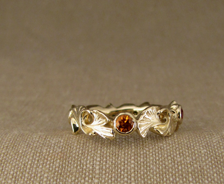 14K ginkgo ring with fancy color sapphires