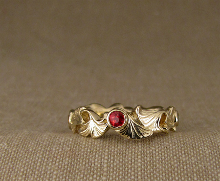 14K ginkgo ring with fancy color sapphires