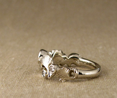 14K white gold Custom-Carved Ginkgo and Diamond Band