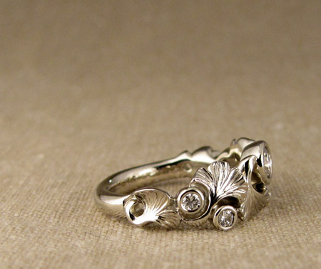 14K white gold Custom-Carved Ginkgo and Diamond Band