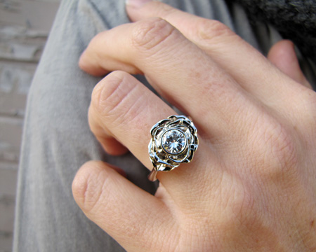 White gold Carved Rose Solitaire with 3/4ct diamond