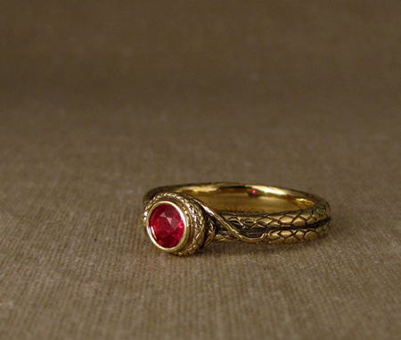 Coiled snake ring - 18K gold & ruby