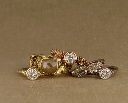 hand-carved rings in gold + diamonds