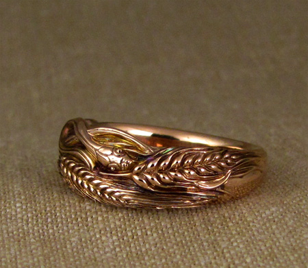 14K rose gold carved snake & wheat ring