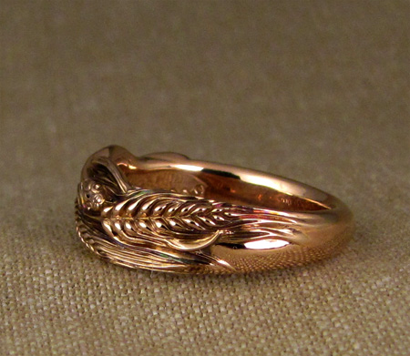 14K rose gold carved snake & wheat ring