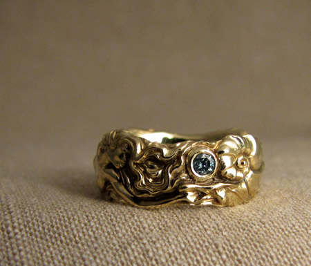 Hand-carved Mermaid ring, 18K, blue diamond