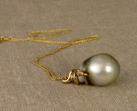 OOAK baroque Tahitian pearl w/carved 18K snake pendant
