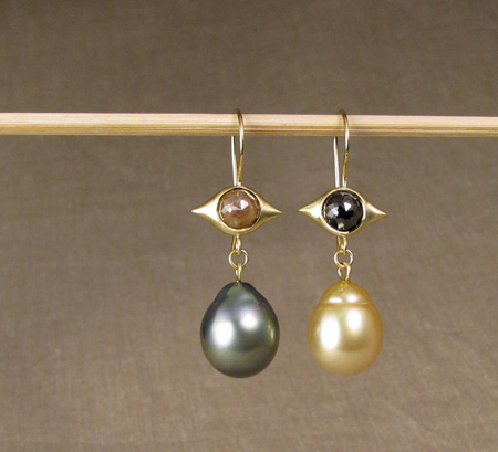 OOAK rose-cut diamond & baroque pearl drop earrings, 18K