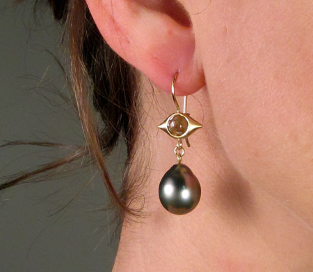 OOAK rose-cut diamond & baroque pearl drop earrings, 18K