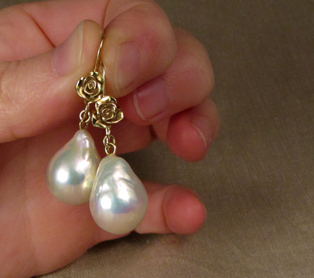 ooak 18K rose & baroque pearl drop earrings