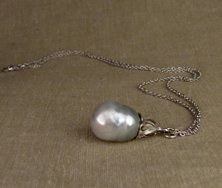 14K white gold floral Baroque pearl drop pendant