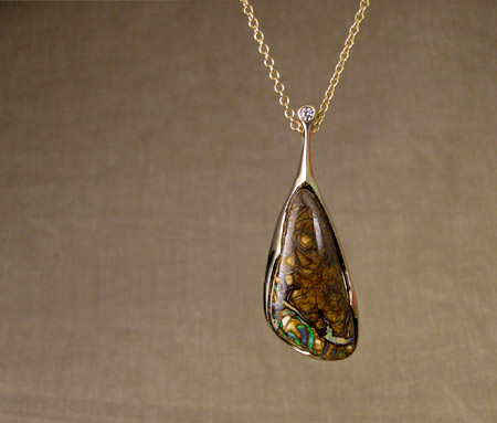 Boulder opal pendant carved ooak thorny rose 14K