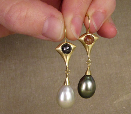 ooak rose-cut diamond and Tahitian pearl drop earrings, 18K