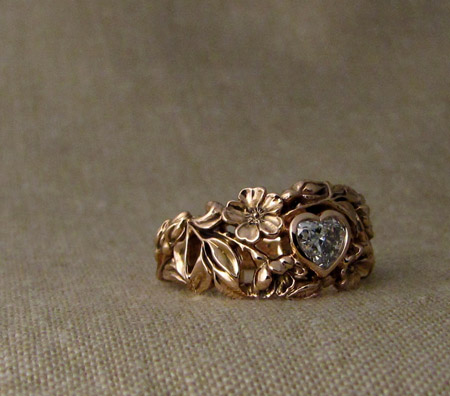 Hand-carved wild rose solitaire with heart diamond, rose gold