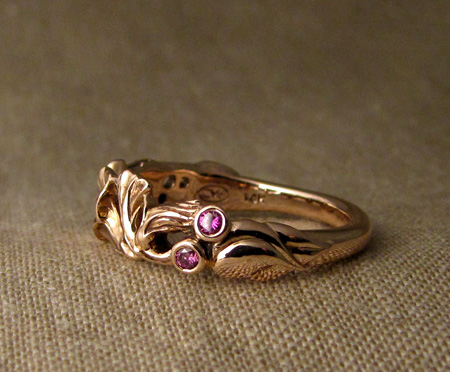 Hand-carved morning glory ring in rose gold, pink diamonds