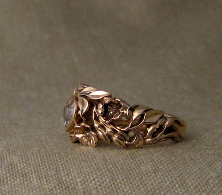 Hand-carved wild rose solitaire with heart diamond, rose gold